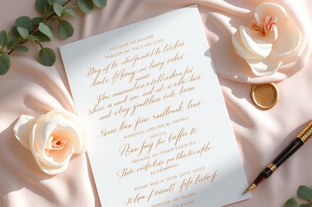 Elegante Hochzeitseinladung mit handgeschriebener Kalligraphie und floralen Akzenten.