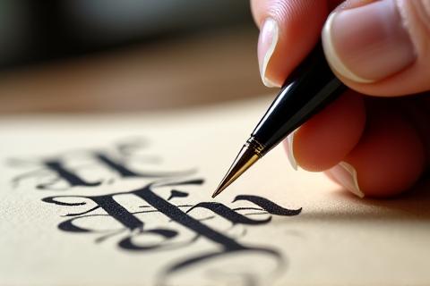 Nahaufnahme einer Hand, die eine Spitzfeder hält und elegant kalligraphische Buchstaben auf Papier schreibt